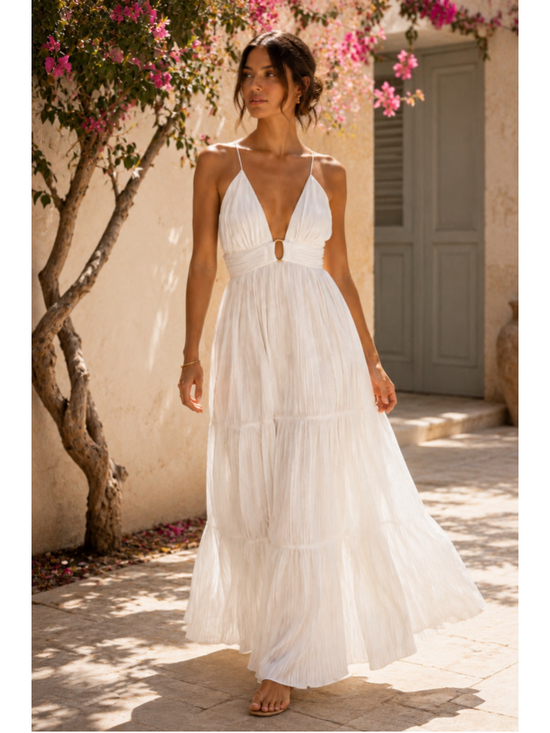 ba&sh Dresses & Skirts - ba&sh Wasta Tiered Pleated Maxi Dress White Bridal Open Back Gold Ring NWOT Sm